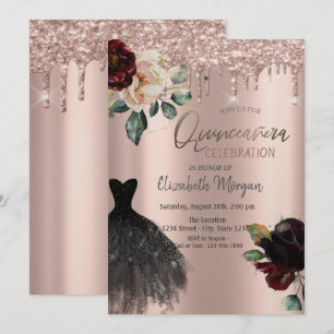 Glitter Drips,Dress,Roses Quinceañera Invitation