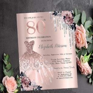  Glitter Drips,Dress,Roses Rose Gold 80th Birthday Invitation