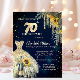 Glitter Drips,Dress,Sunflowers Blue 70th Birthday Invitation