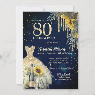 Glitter Drips,Dress,Sunflowers Blue 80th Birthday Invitation