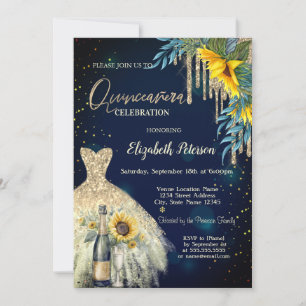 Glitter Drips,Dress,Sunflowers Blue Quinceanera Invitation
