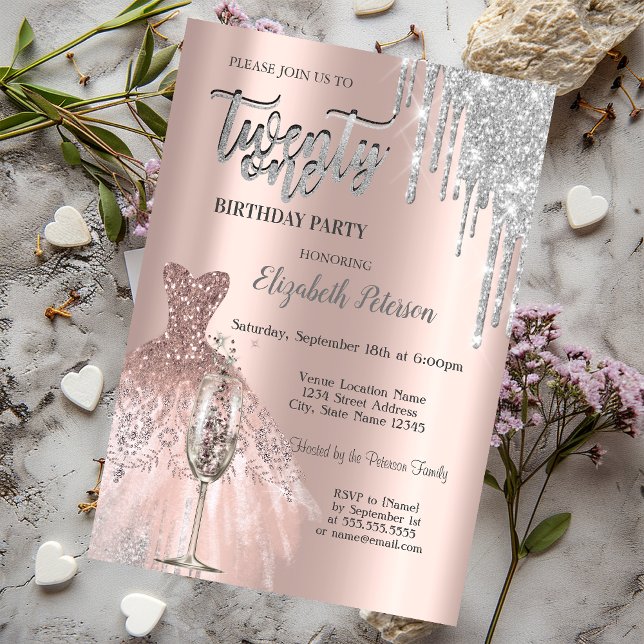 Glitter Drips,Dress Wine Glass 21st Birthday Invitation (Creator Uploaded)