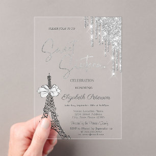 Glitter Drips Eiffel Tower Bow Blue Sweet 16 Acrylic Invitations