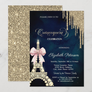 Glitter Drips,Eiffel Tower Bow Navy Blue  Invitation