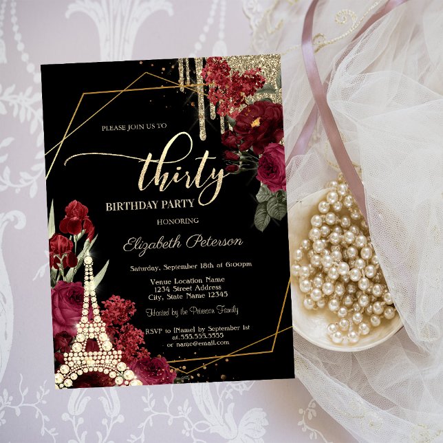 Glitter Drips,Eiffel Tower Diamonds Roses 30th  Invitation (Creator Uploaded)