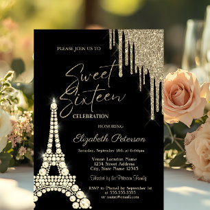 Glitter Drips,Eiffel Tower Diamonds Sweet 16 Invitation