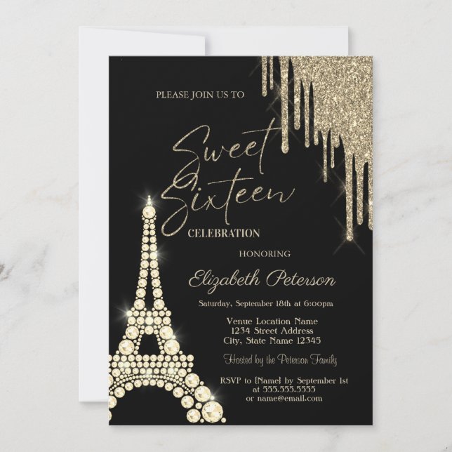 Glitter Drips,Eiffel Tower Diamonds Sweet 16 Invitation (Front)