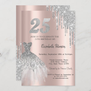 Glitter Drips, Eiffel Tower Dress 25th Birthday Invitation