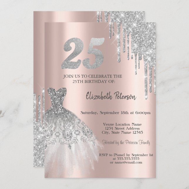 Glitter Drips, Eiffel Tower Dress 25th Birthday Invitation (Front/Back)