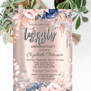 Glitter Drips,Eiffel Tower Flowers 21th Birthday Invitation