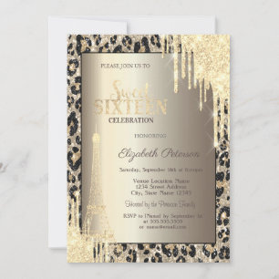 Glitter Drips, Eiffel Tower Leopard Print Sweet 16 Invitation