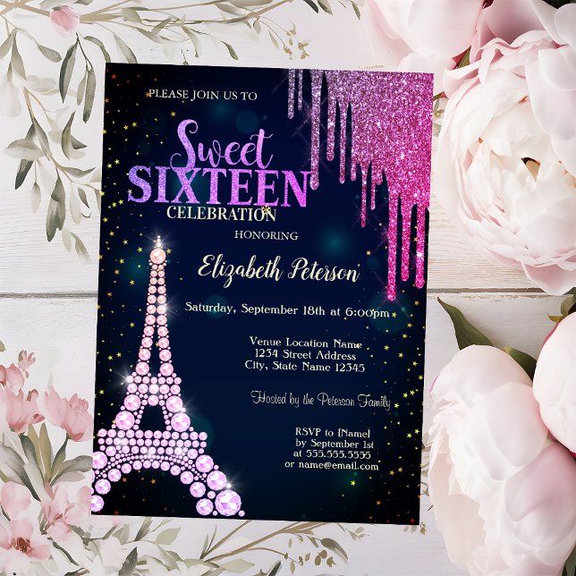 Glitter Drips,Eiffel Tower Navy Blue Sweet 16  Invitation (Creator Uploaded)