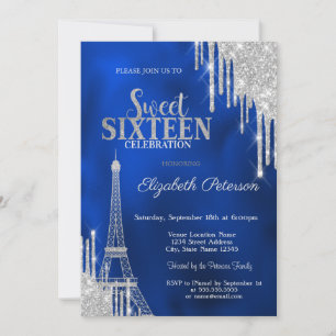 Glitter Drips, Eiffel Tower Royal Blue Sweet 16 Invitation