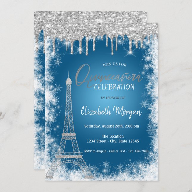 Glitter Drips,Eiffel Tower,Snowflake Quinceañera Invitation (Front/Back)