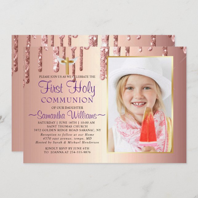 Glitter Drips Elegant Photo First Communion Invitation (Front/Back)