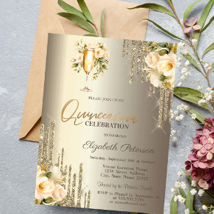 Glitter Drips Floral Champagne Glass Quinceañera  Invitation
