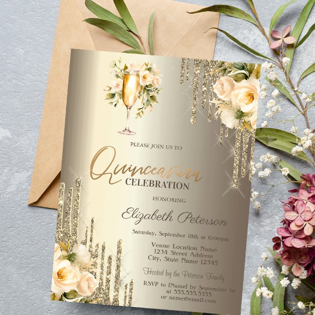 Glitter Drips Floral Champagne Glass Quinceañera  Invitation (Creator Uploaded)