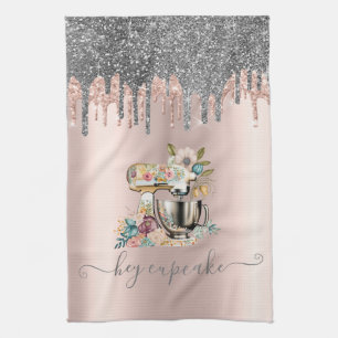 Glitter Drips Floral Mixer Rose Gold  Tea Towel