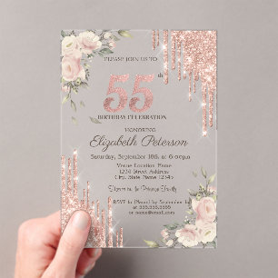 Glitter Drips Floral Rose Gold Floral 55h Birthday Acrylic Invitations