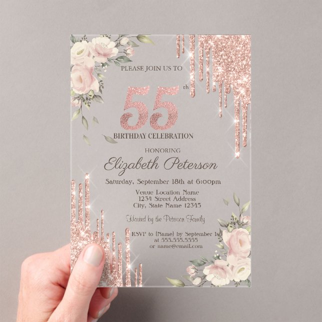 Glitter Drips Floral Rose Gold Floral 55h Birthday Acrylic Invitations (Insitu (Handheld))