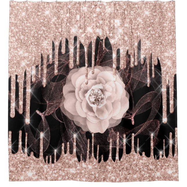 Glitter Drips Flower Diamond Rose Spark Black Shower Curtain (Front)