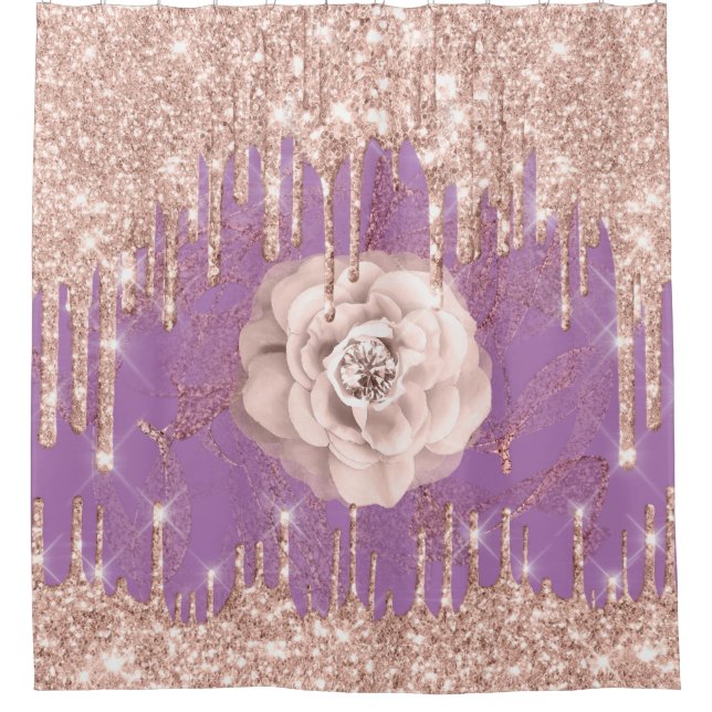 Glitter Drips Flower Diamond Rose Spark Purple Shower Curtain (Front)