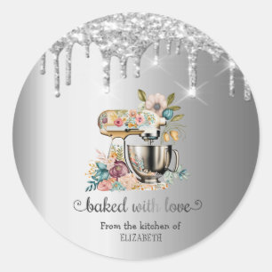Glitter Drips Flowers Bakery Cake Mixer Classic Round Sticker