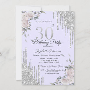 Glitter Drips,Flowers Purple 30th Birthday Invitation