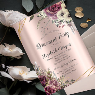 Glitter Drips,Flowers,Rose Gold Retirement Invitation