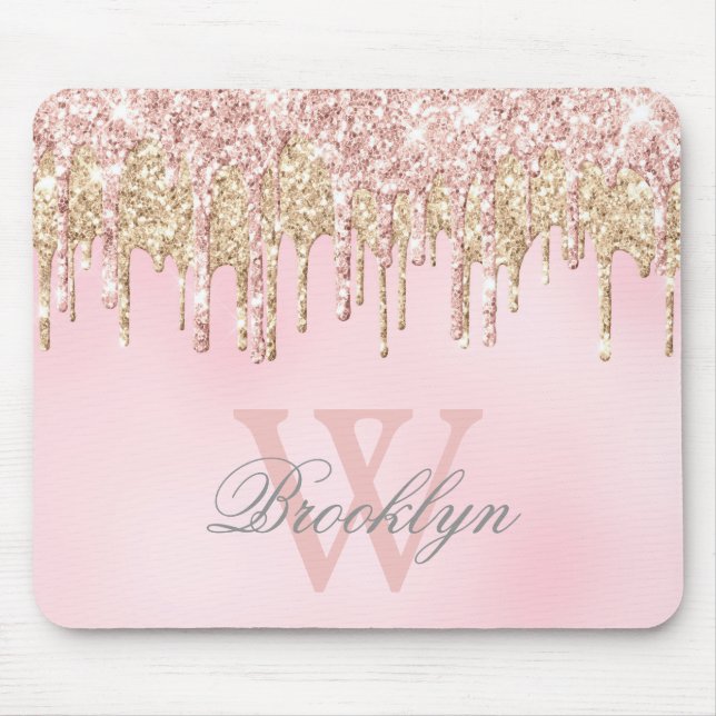 Glitter Drips Girly Blush Pink Rose Gold Monogram Mouse Pad (Front)