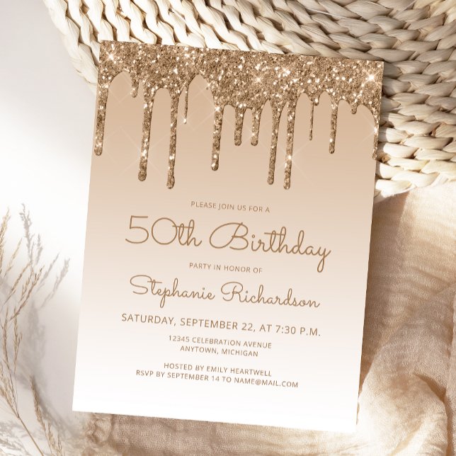 Glitter Drips Gold 50th Birthday Party Invitation Postcard (Creator Uploaded)