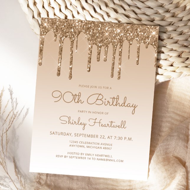 Glitter Drips Gold 90th Birthday Party Invitation Postcard (Creator Uploaded)