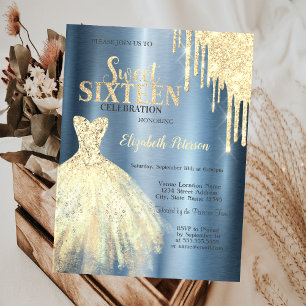 Glitter Drips Gold Dress Metallic Blue Sweet 16 Invitation