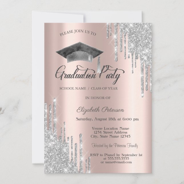 Glitter Drips,Grad Cap,Rose Gold Graduation  Invitation (Front)