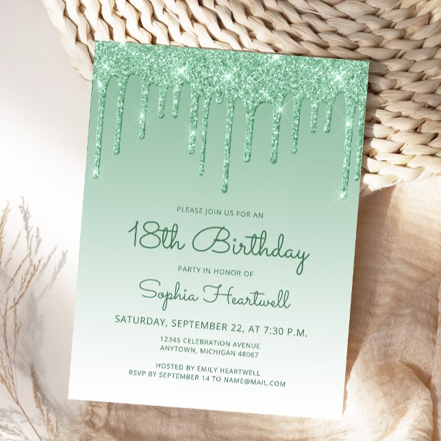 Glitter Drips Green 18th Birthday Party Invitation Postcard (Creator Uploaded)