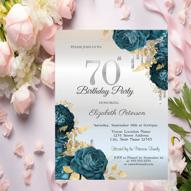 Glitter Drips Green Flowers Silver 70th Birthday  Invitation (Creator Uploaded)