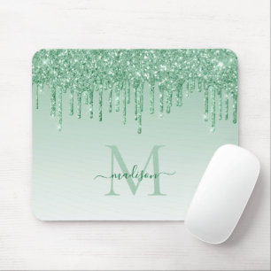 Glitter Drips Mint Green Sparkle Monogram Elegant Mouse Pad