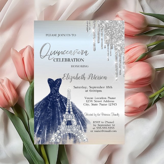 Glitter Drips,Navy Blue Dress,Eiffel Quinceañera  Invitation (Creator Uploaded)