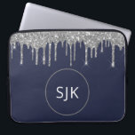 Glitter Drips Navy Blue Silver Girly Monogrammed Laptop Sleeve<br><div class="desc">Luxury Silver and Navy Blue Faux Glitter and Sparkle Elegant Monogrammed Initials Case. This case can be customised to include your initial and first name.</div>