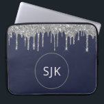 Glitter Drips Navy Blue Silver Girly Monogrammed Laptop Sleeve<br><div class="desc">Luxury Silver and Navy Blue Faux Glitter and Sparkle Elegant Monogrammed Initials Case. This case can be customised to include your initial and first name.</div>