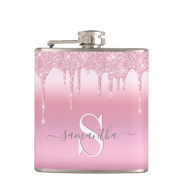 Glitter Drips Pink Personalised Flask (Front)