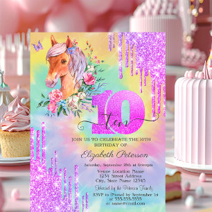 Glitter Drips Pony Tie Dye 10th Birthday  Invitation