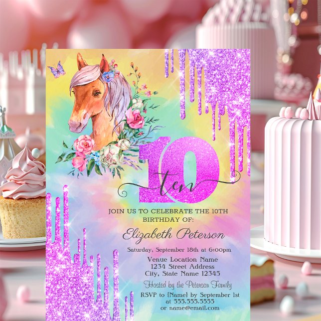 Glitter Drips Pony Tie Dye 10th Birthday  Invitation (Creator Uploaded)