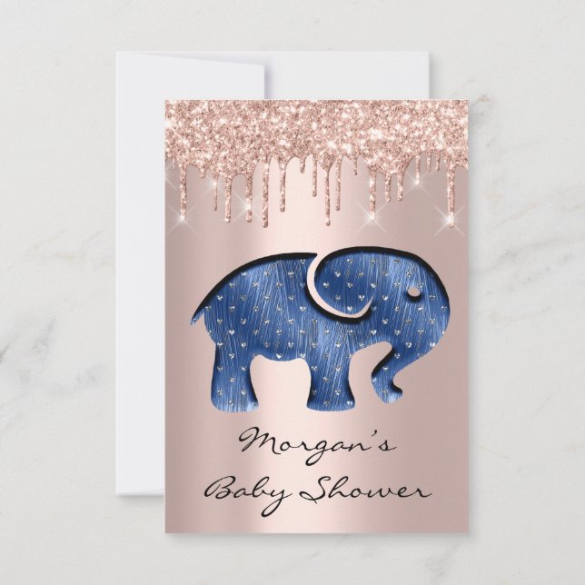 Glitter Drips Rose Baby Shower Elephant Navy Invitation (Back)