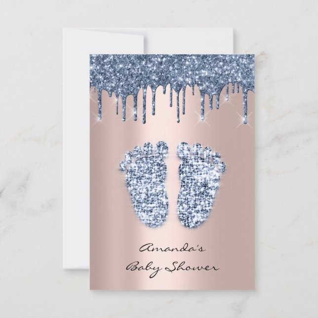 Glitter Drips Rose Blue Baby Boy Shower Feet  Invitation (Back)