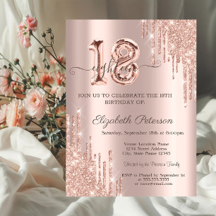 Glitter Drips Rose Gold Balloon 18th Birthday  Invitation