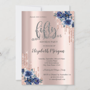 Glitter Drips Rose Gold Blue Flower 50th Birthday  Invitation