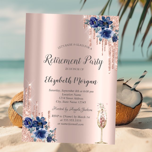  Glitter Drips Rose Gold,Blue Flowers Retirement  Invitation (Creator Uploaded)