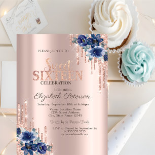 Glitter Drips Rose Gold Blue Flowers Sweet 16  Invitation