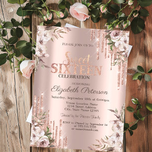 Glitter Drips Rose Gold Boho Flowers Sweet 16 Invitation